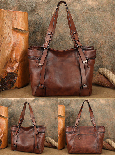 Vintage Genuine Leather Tote Bag for Women Large Crossbody Handbag