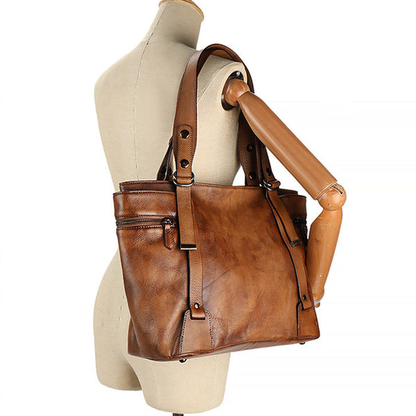 Vintage Genuine Leather Tote Bag for Women Large Crossbody Handbag Designer