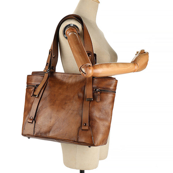 Vintage Genuine Leather Tote Bag for Women Large Crossbody Handbag Elegant