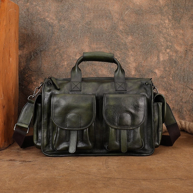 Vintage Genuine Leather Tote Bag for Women Multi Pocket Handbag with Adjustable Strap Accessories