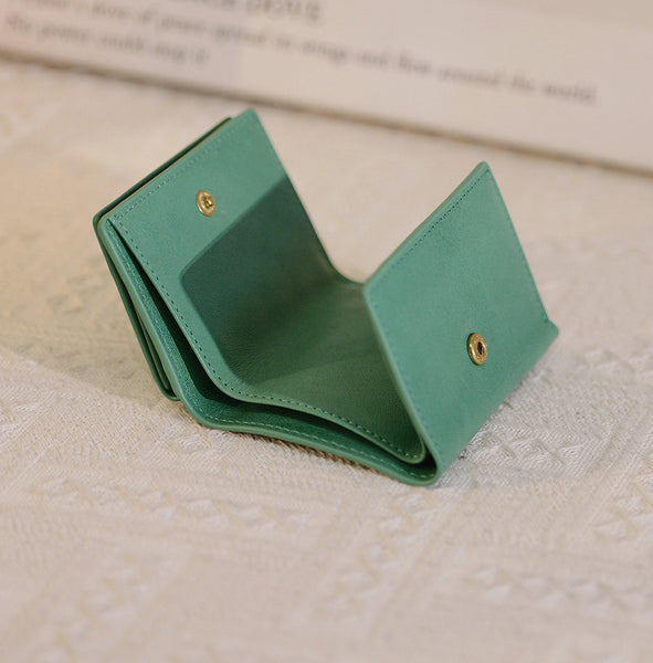 Vintage Genuine Leather Trifold Wallet for Women Small Compact Card Holder Cute