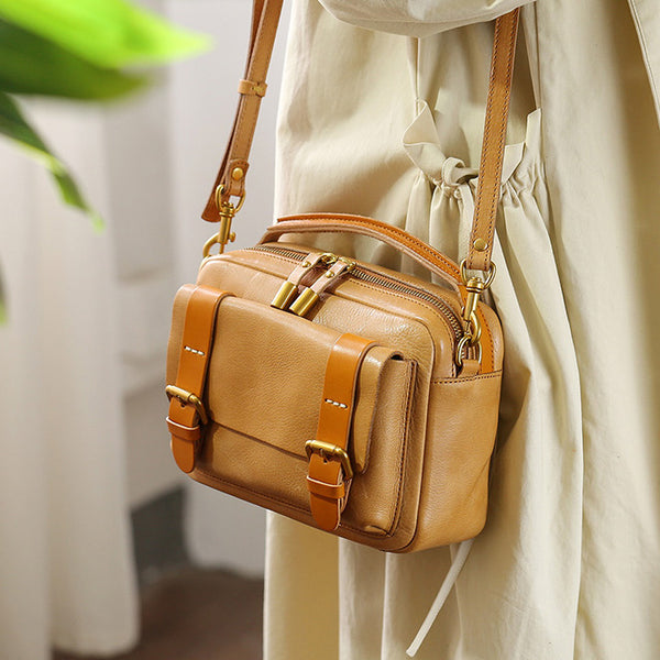 Vintage Ladies Leather Messenger Bag Small Brown Genuine Leather Crossbody Bag Casual