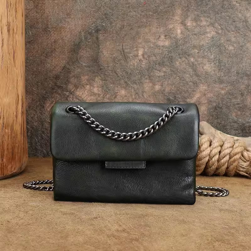 Womens Leather Crossbody Purse with Chain Strap Black Leather Shoulder Bag, Green