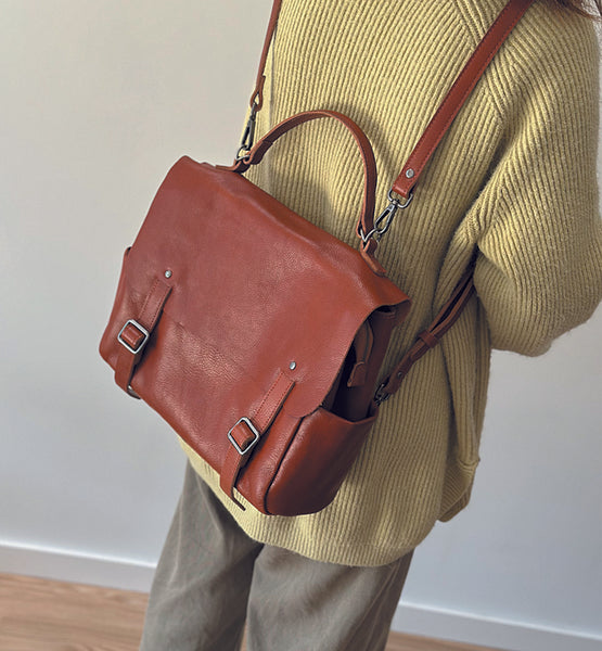 Vintage Leather Backpack Purse for Women Convertible Handbag with Top Handle and Zipper Compartments