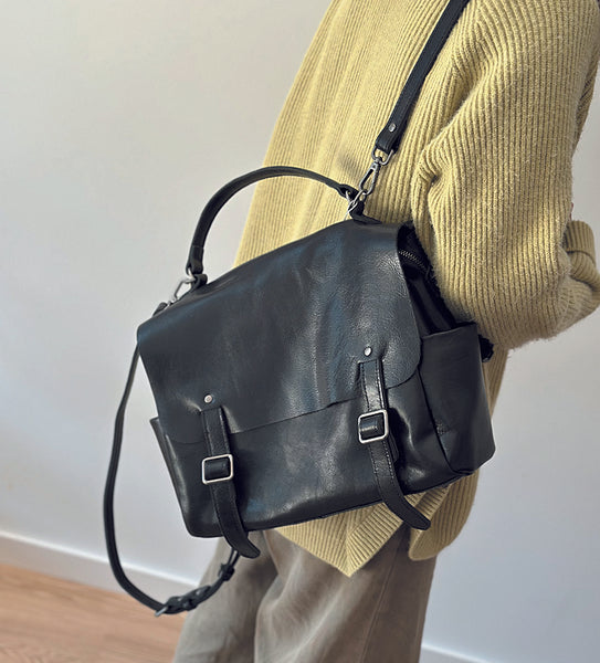 Womens Classic Black Leather Backpack Purse-Convertible Work Bag with Flap and Zipper Pockets
