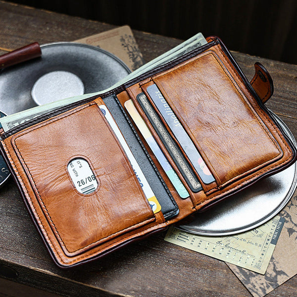 Vintage Leather Bifold Wallet for Women Vegetable Tanned Top Grain Cowhide Capacity
