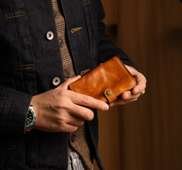 Vintage Leather Bifold Wallet for Women Vegetable Tanned Top Grain Cowhide Cowhide
