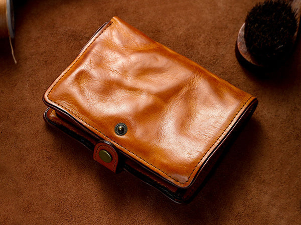 Vintage Leather Bifold Wallet for Women Vegetable Tanned Top Grain Cowhide Durable