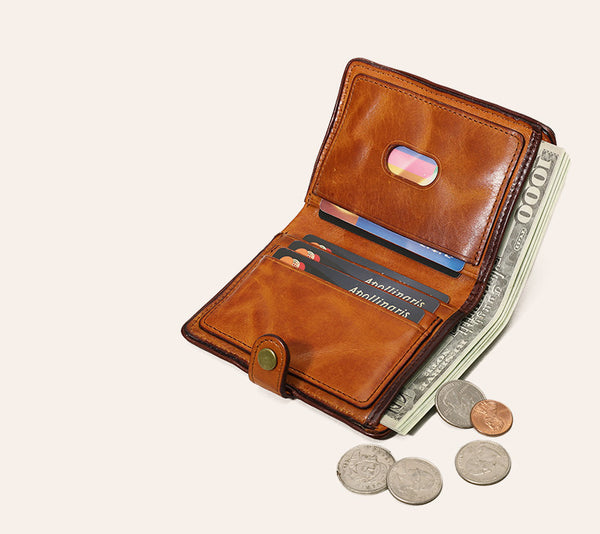 Vintage Leather Bifold Wallet for Women Vegetable Tanned Top Grain Cowhide Elegant