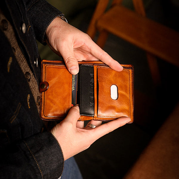 Vintage Leather Bifold Wallet for Women Vegetable Tanned Top Grain Cowhide Fashion