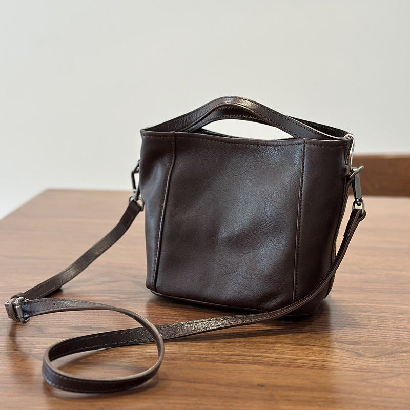 Vintage Leather Bucket Bag for Women Small Genuine Cowhide Crossbody Handbag Affordable