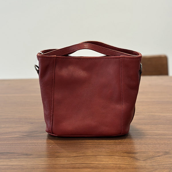 Vintage Leather Bucket Bag for Women Small Genuine Cowhide Crossbody Handbag