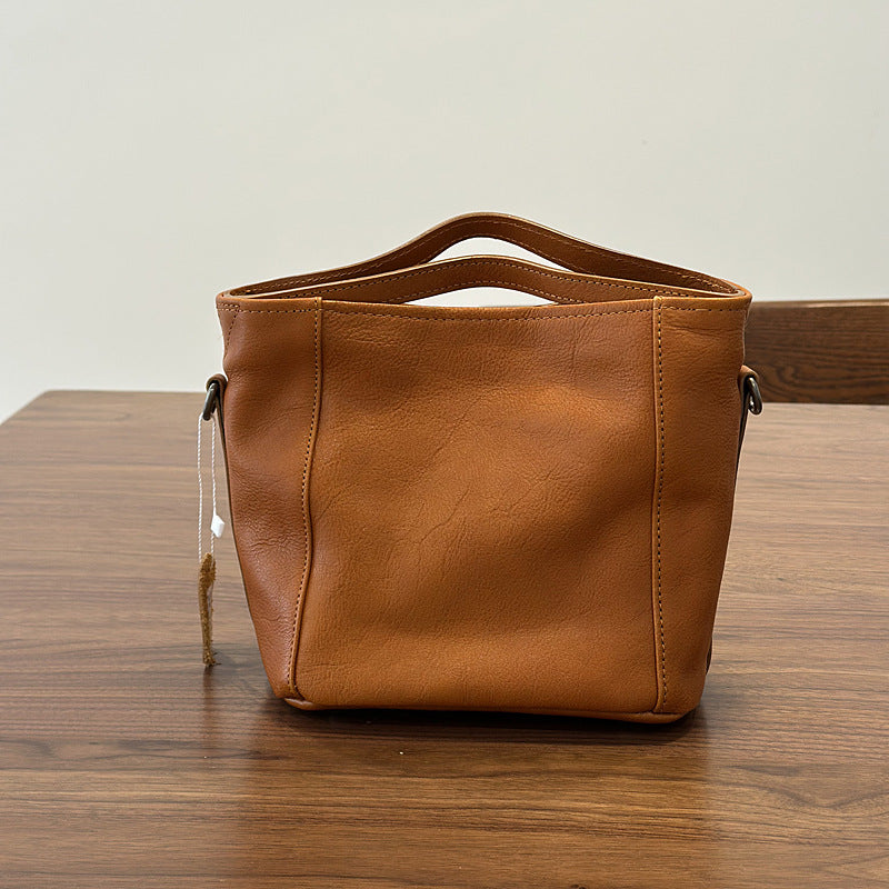Vintage Leather Bucket Bag for Women Small Genuine Cowhide Crossbody Handbag Brown