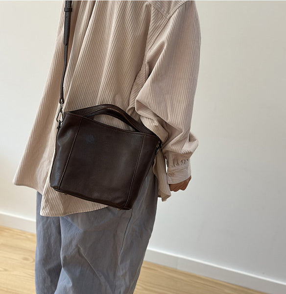 Vintage Leather Bucket Bag for Women Small Genuine Cowhide Crossbody Handbag Casual