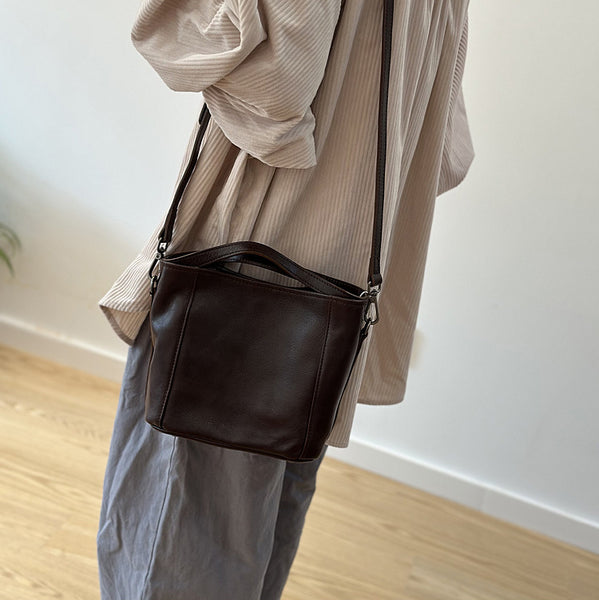 Vintage Leather Bucket Bag for Women Small Genuine Cowhide Crossbody Handbag Chic