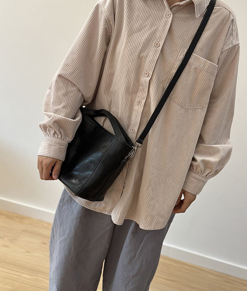 Vintage Leather Bucket Bag for Women Small Genuine Cowhide Crossbody Handbag Classic