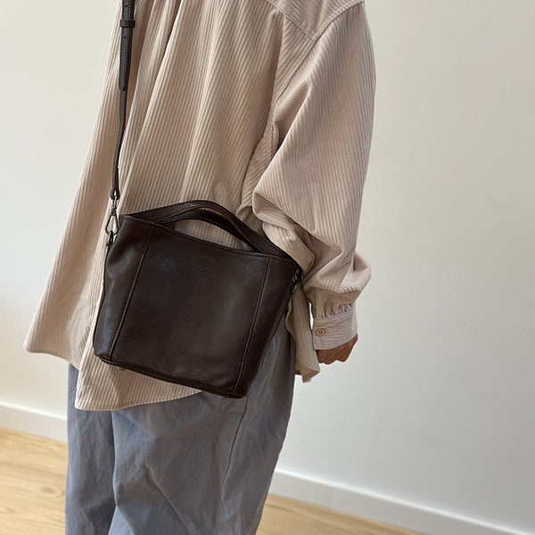 Vintage Leather Bucket Bag for Women Small Genuine Cowhide Crossbody Handbag Cute