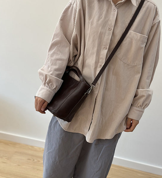 Vintage Leather Bucket Bag for Women Small Genuine Cowhide Crossbody Handbag Fashionable
