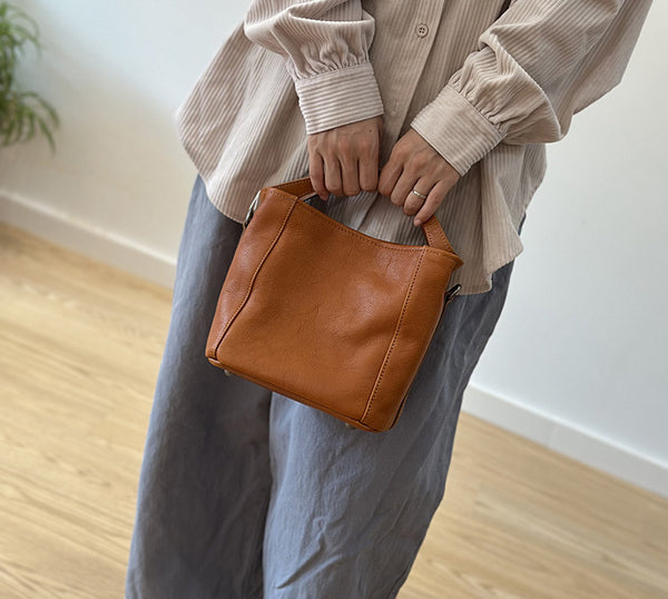 Small Leather Bucket Bag for Women Top Handle Crossbody Purse
