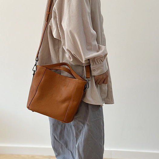Vintage Leather Bucket Bag for Women Small Genuine Cowhide Crossbody Handbag Gift
