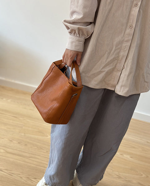 Vintage Leather Bucket Bag for Women Small Genuine Cowhide Crossbody Handbag Handmade
