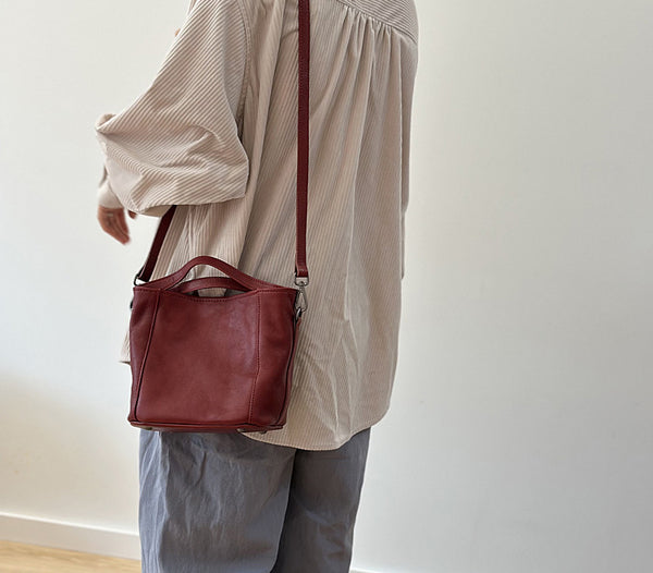 Vintage Leather Bucket Bag for Women Small Genuine Cowhide Crossbody Handbag Stylish