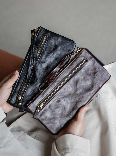 Vintage Leather Clutch Wallet for Women Genuine Cowhide Phone Organizer Pouch Classic