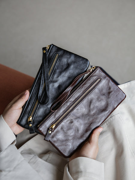 Vintage Leather Clutch Wallet for Women Genuine Cowhide Phone Organizer Pouch Classy