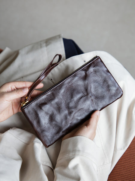 Vintage Leather Clutch Wallet for Women Genuine Cowhide Phone Organizer Pouch Cool