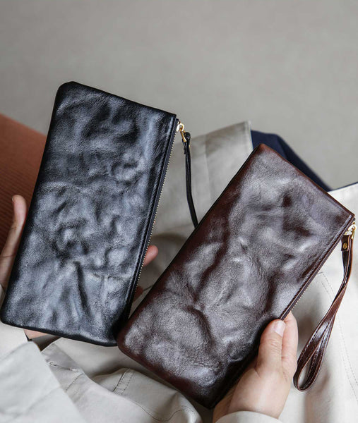 Vintage Leather Clutch Wallet for Women Genuine Cowhide Phone Organizer Pouch Cowhide
