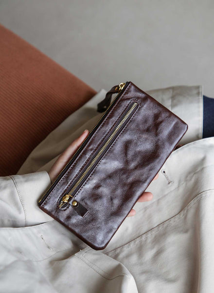Vintage Leather Clutch Wallet for Women Genuine Cowhide Phone Organizer Pouch Cute