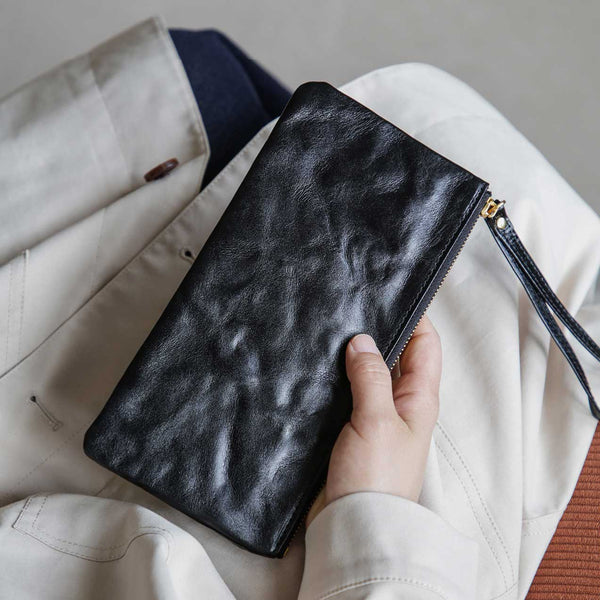 Vintage Leather Clutch Wallet for Women Genuine Cowhide Phone Organizer Pouch Designer