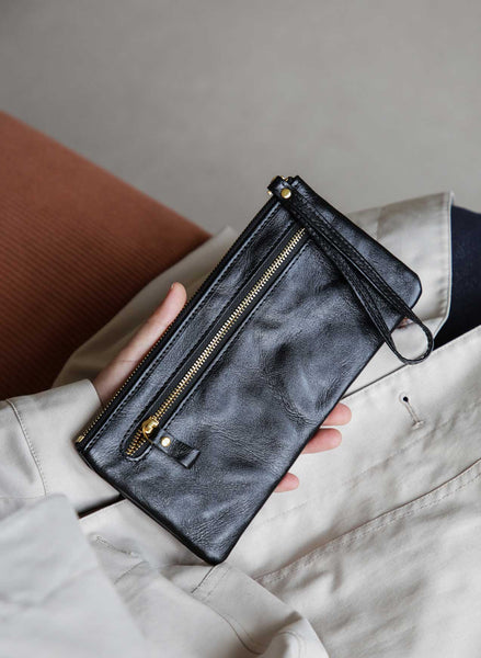 Vintage Leather Clutch Wallet for Women Genuine Cowhide Phone Organizer Pouch Details