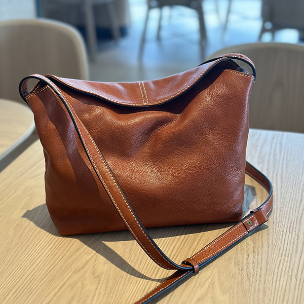 Vintage Leather Crossbody Bag for Women Soft Vegetable Tanned Leather Handmade