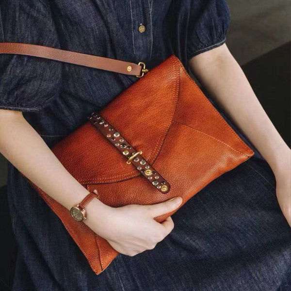 Vintage Leather Envelope Crossbody Bag for Women Vegetable Tanned Cowhide Shoulder Bag Affordable