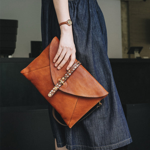 Vintage Leather Envelope Crossbody Bag for Women Vegetable Tanned Cowhide Shoulder Bag Badass