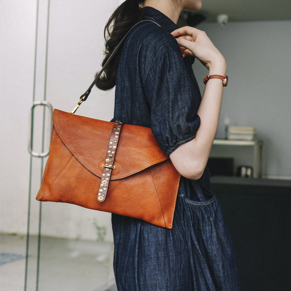 Vintage Leather Envelope Crossbody Bag for Women Vegetable Tanned Cowhide Shoulder Bag Beautiful