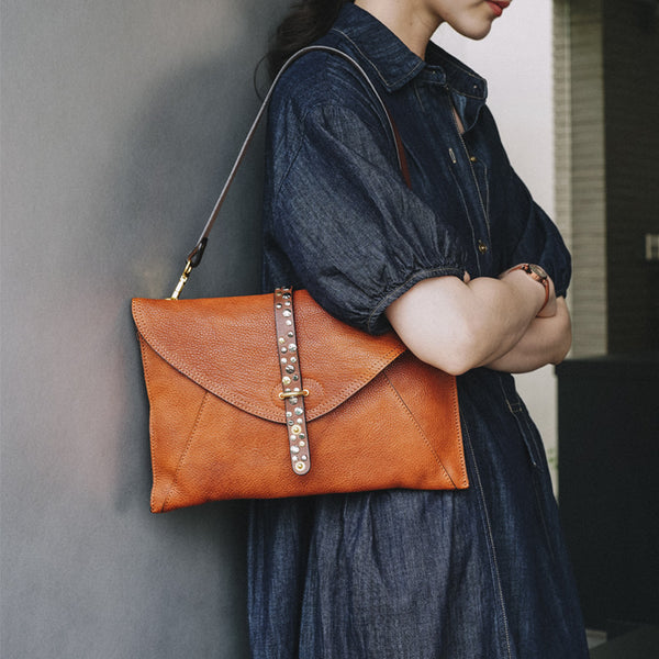 Vintage Leather Envelope Crossbody Bag for Women Vegetable Tanned Cowhide Shoulder Bag Brown