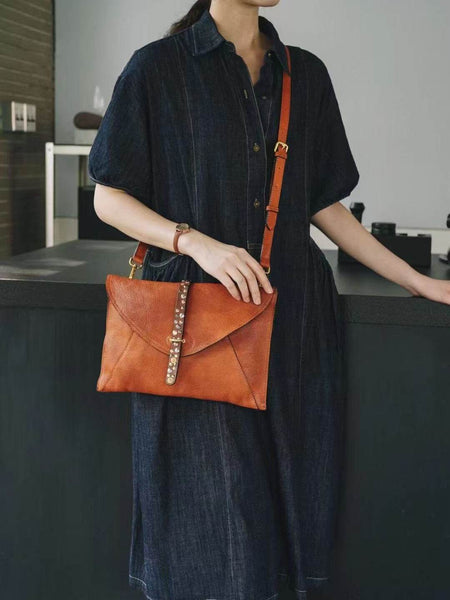 Vintage Leather Envelope Crossbody Bag for Women Vegetable Tanned Cowhide Shoulder Bag Capacity