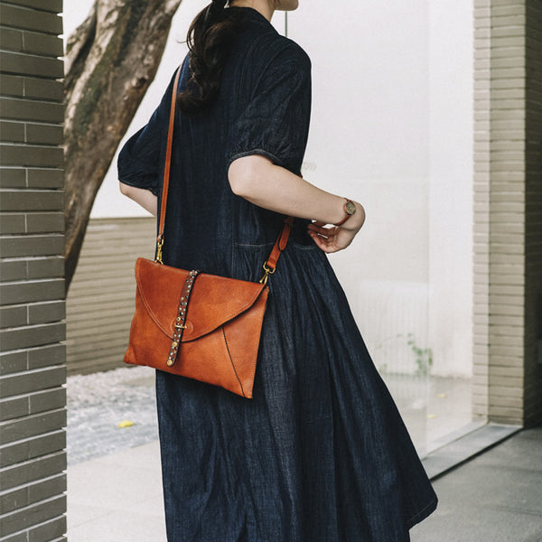 Vintage Leather Envelope Crossbody Bag for Women Vegetable Tanned Cowhide Shoulder Bag Casual