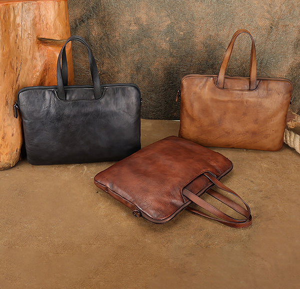 Vintage Leather Laptop Bag for Women Large Cowhide Shoulder and Crossbody Bag