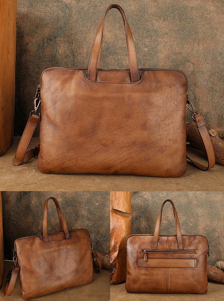 Vintage Leather Laptop Bag for Women Large Cowhide Shoulder and Crossbody Bag