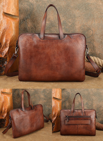 Vintage Leather Laptop Bag for Women Large Cowhide Shoulder and Crossbody Bag