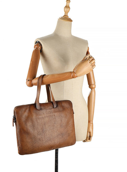 Vintage Leather Laptop Bag for Women Large Cowhide Shoulder and Crossbody Bag