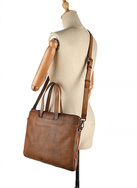 Vintage Leather Laptop Bag for Women Large Cowhide Shoulder and Crossbody Bag