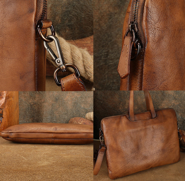 Vintage Leather Laptop Bag for Women Large Cowhide Shoulder and Crossbody Bag