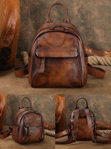 Vintage Leather Mini Backpack for Women Black Leather Rucksack Womens Classic