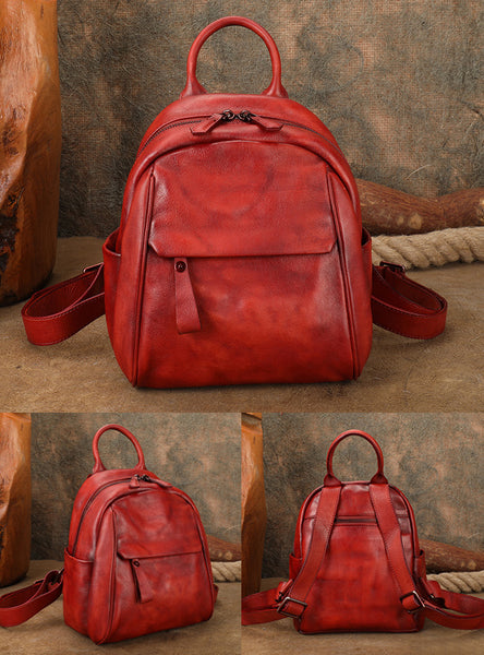 Handmade Leather Mini Backpack for Women Vintage Small Rucksack