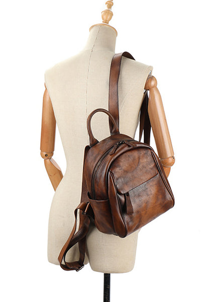 Vintage Leather Mini Backpack for Women Black Leather Rucksack Womens Durable