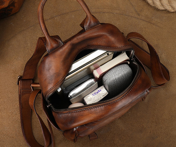 Vintage Leather Mini Backpack for Women Black Leather Rucksack Womens Genuine-Leather